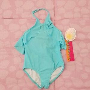 NWT Kate Mack Aqua Halter 1 Piece Swimsuit Size 3T